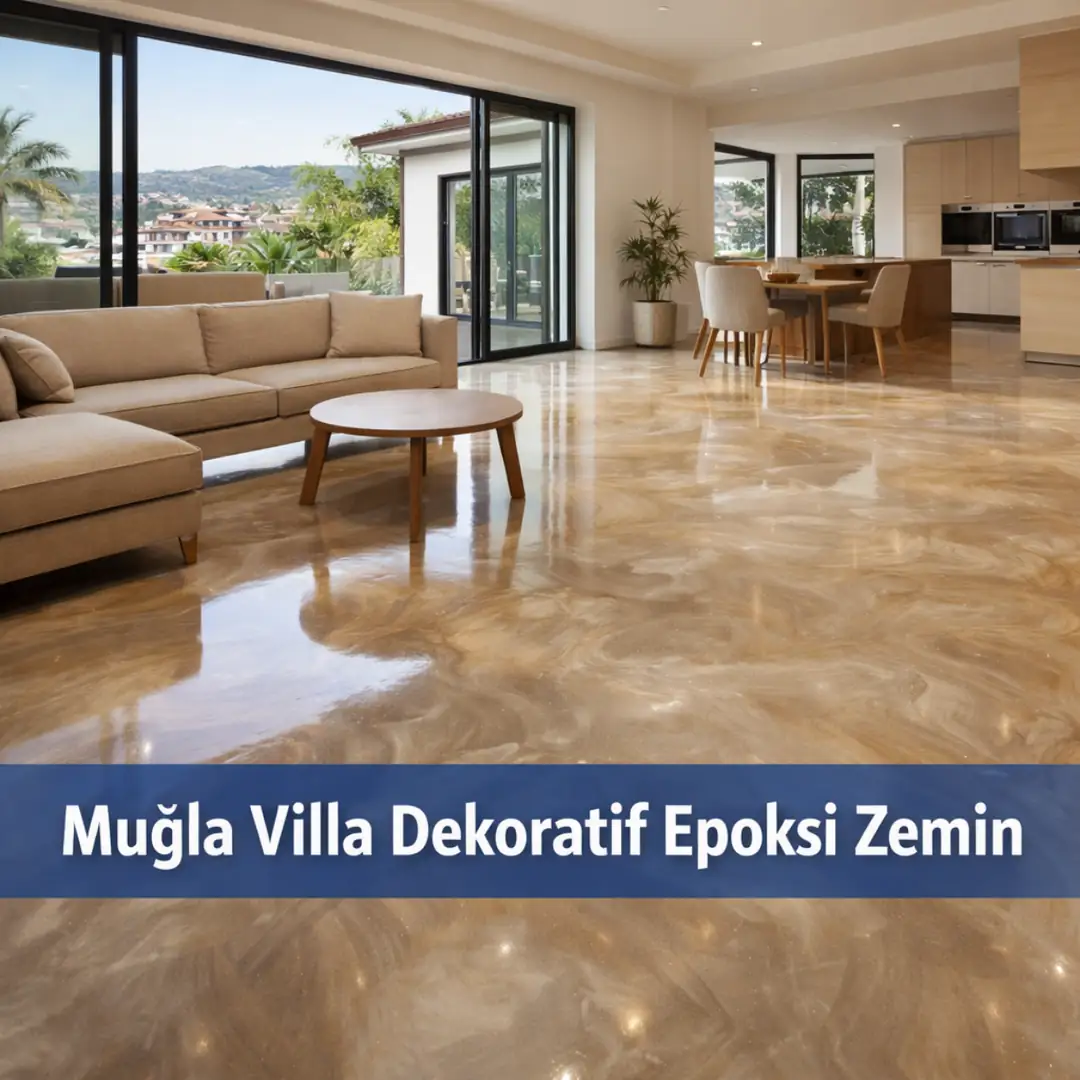 Muğla villa iç mekan metalik epoksi zemin uygulaması dekoratif yüzey