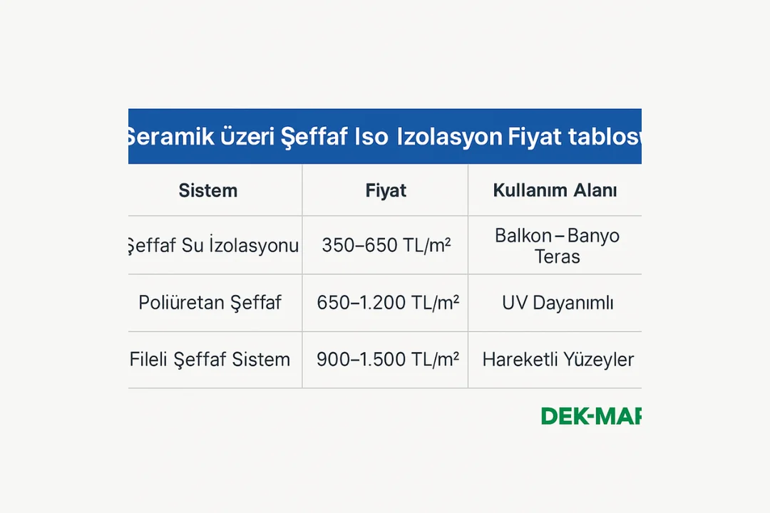 Seramik üzeri şeffaf su izolasyonu fiyat tablosu – balkon teras banyo – şeffaf kaplama m² birim fiyatları – Dek-Mar 2025