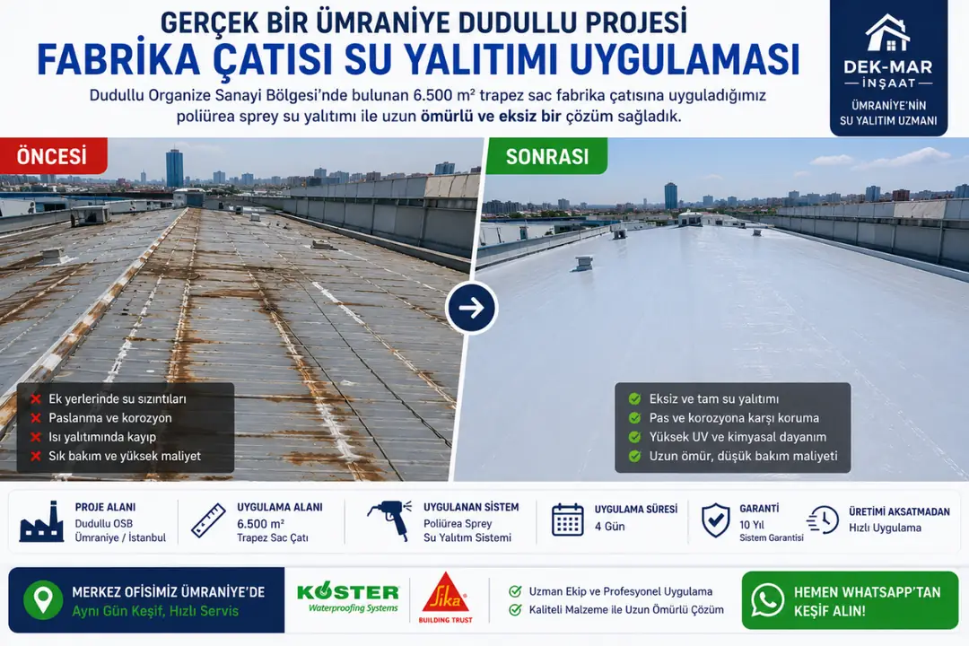 Ümraniye Dudullu bölgesinde yapılan fabrika çatısı su yalıtımı uygulaması