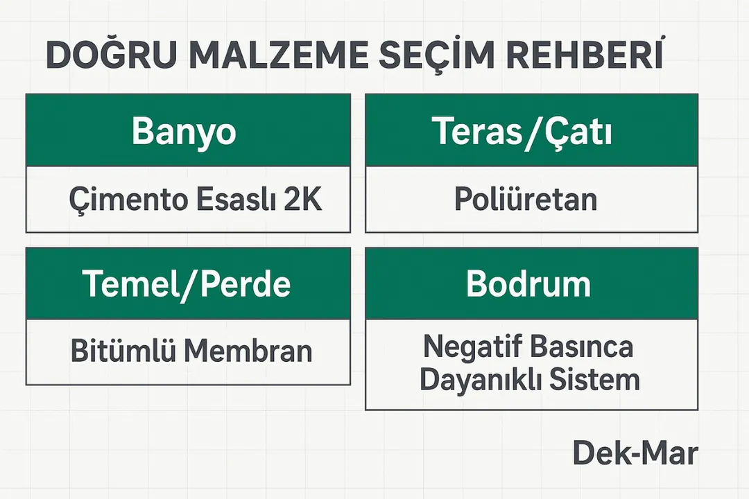 Su yalıtım malzemeleri kullanım alanları – banyo, teras, temel, bodrum için hangi malzeme seçilir – Dek-Mar.