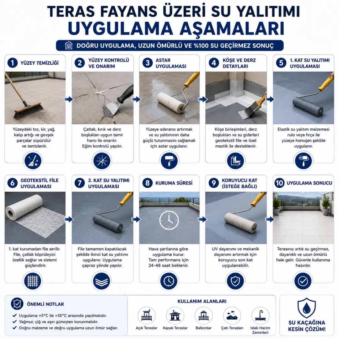 Teras fayans üzeri su yalıtımı uygulamasında temizlik, astar, file, ilk kat ve son kat aşamalarını gösteren şema