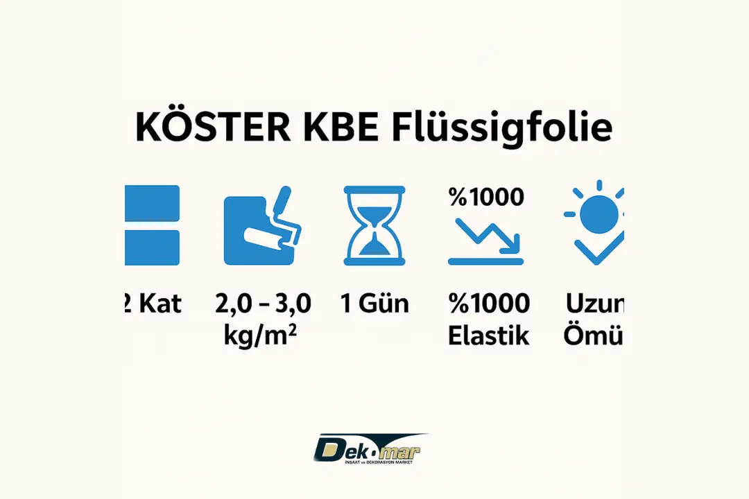KÖSTER KBE Flüssigfolie teknik bilgiler: sarfiyat, kuruma süresi, elastikiyet ve ömür.