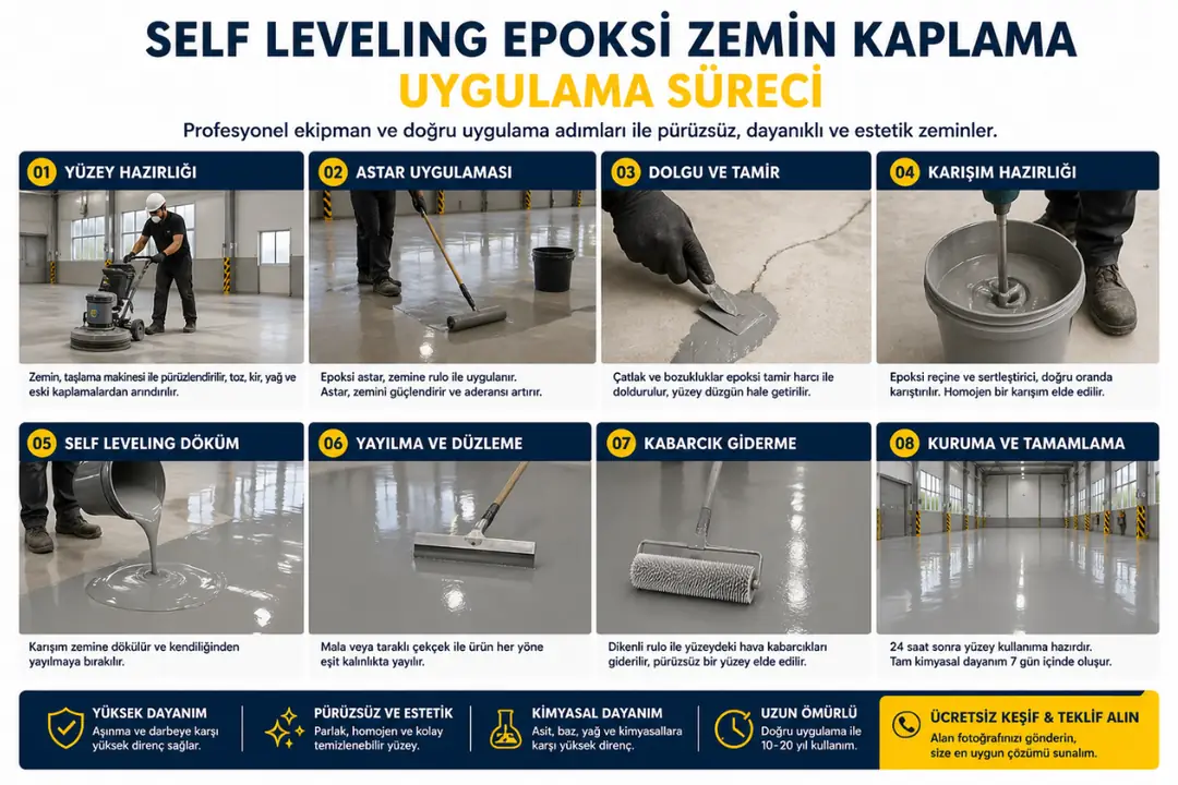 Self leveling epoksi zemin kaplama uygulama süreci saha çalışması ve yüzey hazırlığı