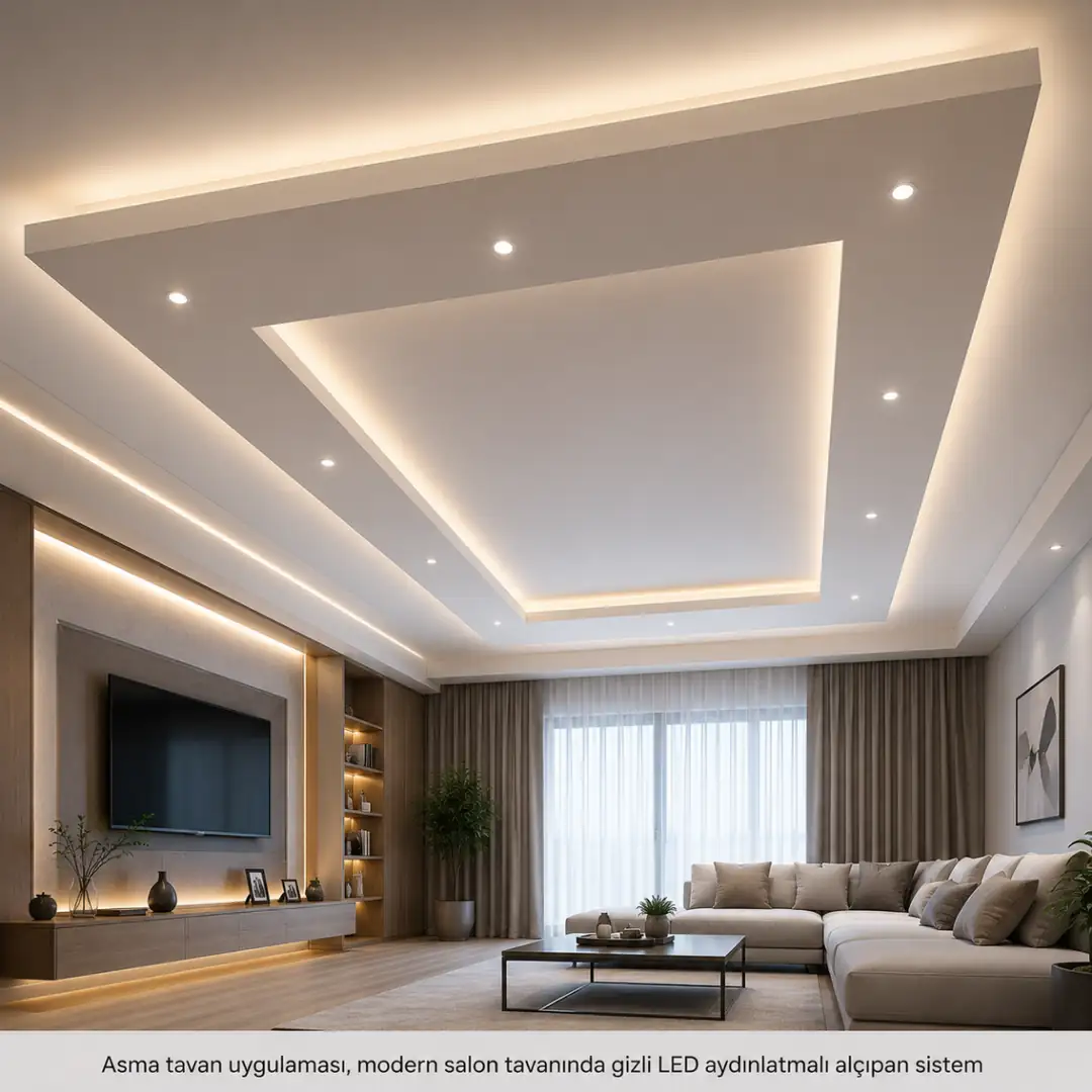 Modern salonda uygulanan gizli LED aydınlatmalı alçıpan asma tavan sistemi, estetik görünüm ve homojen aydınlatma sağlayan dekoratif tavan uygulaması.