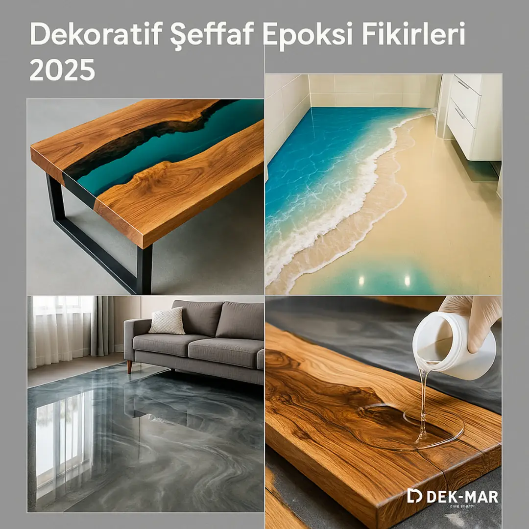 Dekoratif şeffaf epoksi uygulamaları – masa, zemin ve 3D tasarım fikirleri – Dek-Mar İnşaat 2025.