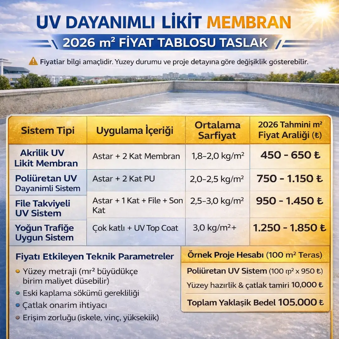 UV dayanımlı likit membran 2026 m2 fiyat tablosu ve sistem karşılaştırması infografik görünüm