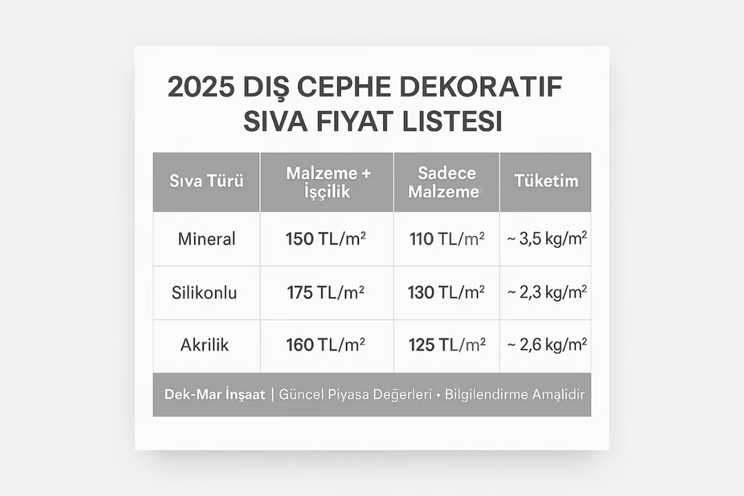 2025 dış cephe dekoratif sıva fiyat tablosu – mineral, silikonlu, akrilik sıva fiyatları karşılaştırması Dek-Mar İnşaat