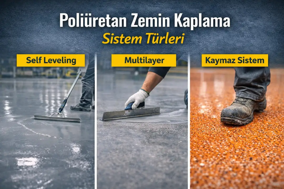 Poliüretan zemin kaplama sistem türleri; self leveling, multilayer ve kaymaz poliüretan zemin karşılaştırmalı görseli