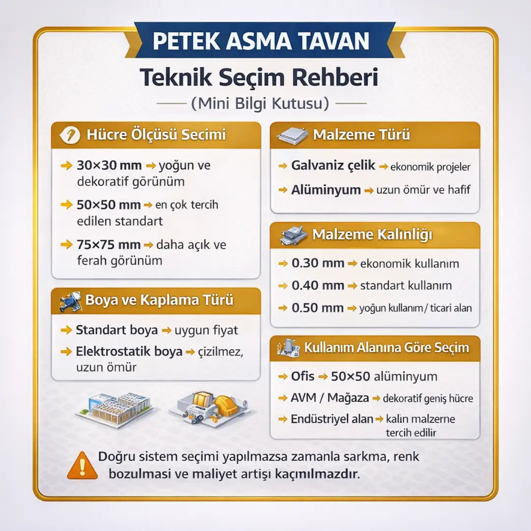 Petek asma tavan teknik özellikleri, hücre ölçüleri, malzeme türü, kalınlık ve kullanım alanına göre sistem seçimi rehberi