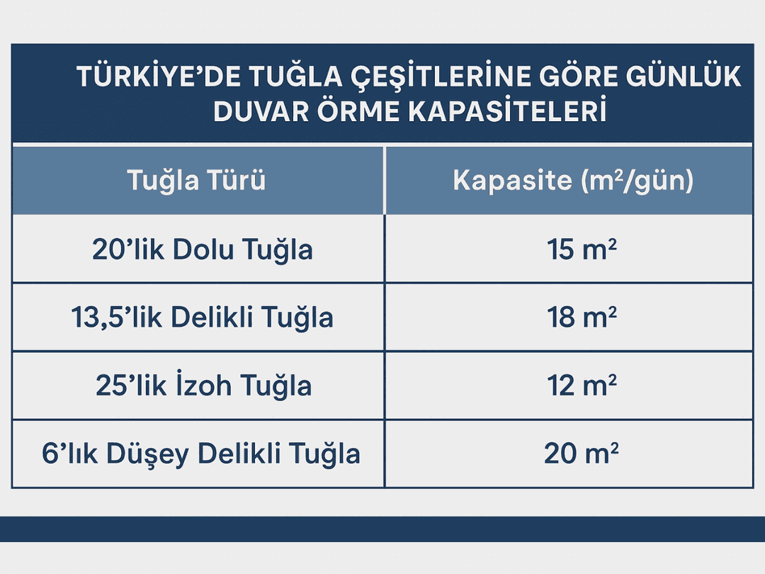 türkiye’de tuğla çeşitlerine göre günlük duvar örme kapasiteleri tablosu. 
