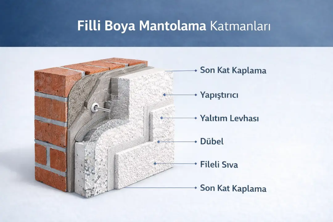 Filli Boya mantolama katmanları ve uygulama kesit detayı&nbsp;
