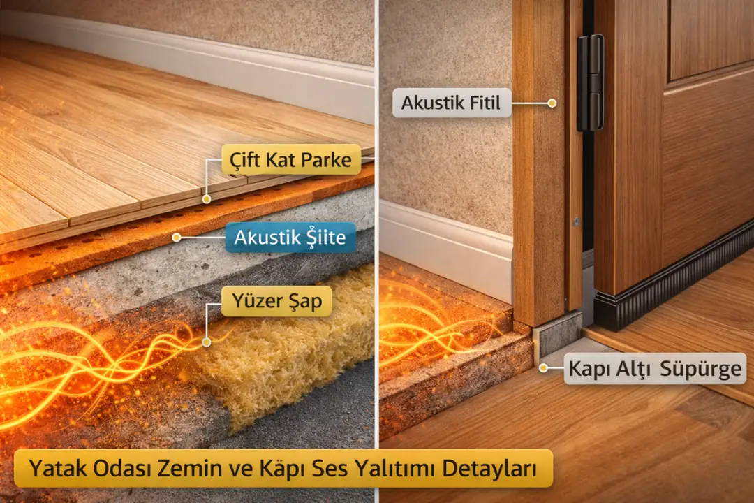Yatak odasında zemin ve kapı detayları ile ses yalıtımı uygulaması&nbsp;