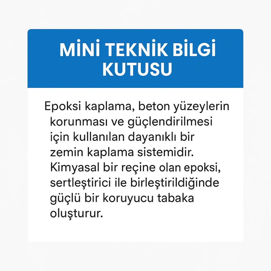 “Epoksi kaplama Antalya teknik bilgi kutusu – kalınlık, tüketim, kuruma süresi ve dayanım değerlerini gösteren teknik görsel – Dek-Mar 2025” 
