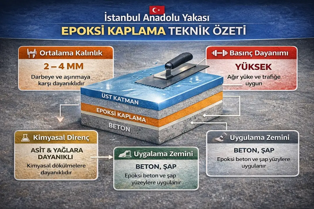 İstanbul Anadolu Yakası epoksi zemin mini teknik bilgi kutusu; kaplama kalınlığı, tüketim miktarı, kürlenme süresi ve teknik detaylar.&nbsp;