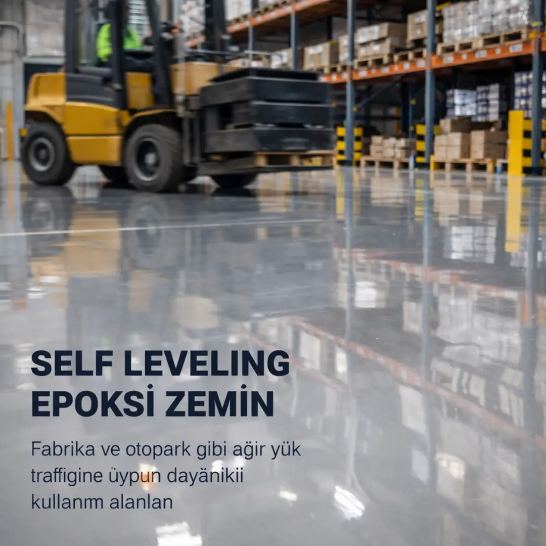 Self leveling epoksi zemin fabrika ve otopark gibi ağır yük trafiğine uygun kullanım alanları&nbsp;