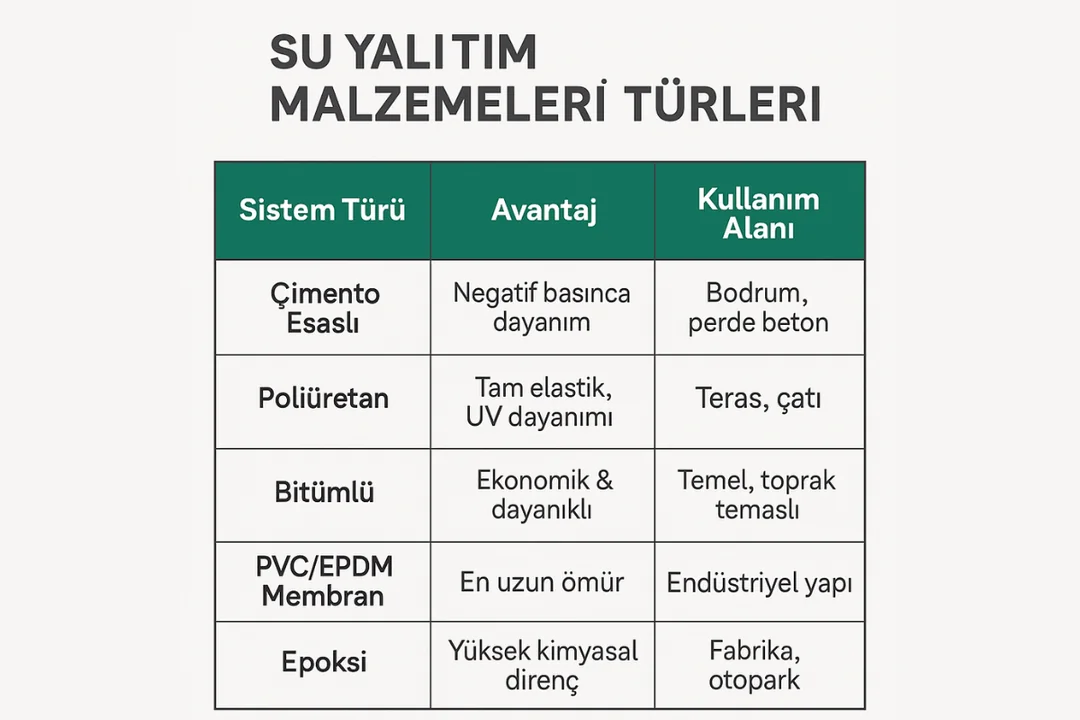 Su yalıtım malzemeleri çeşitleri – çimento esaslı, poliüretan, membran, epoksi, akrilik sistem karşılaştırma tablosu – Dek-Mar