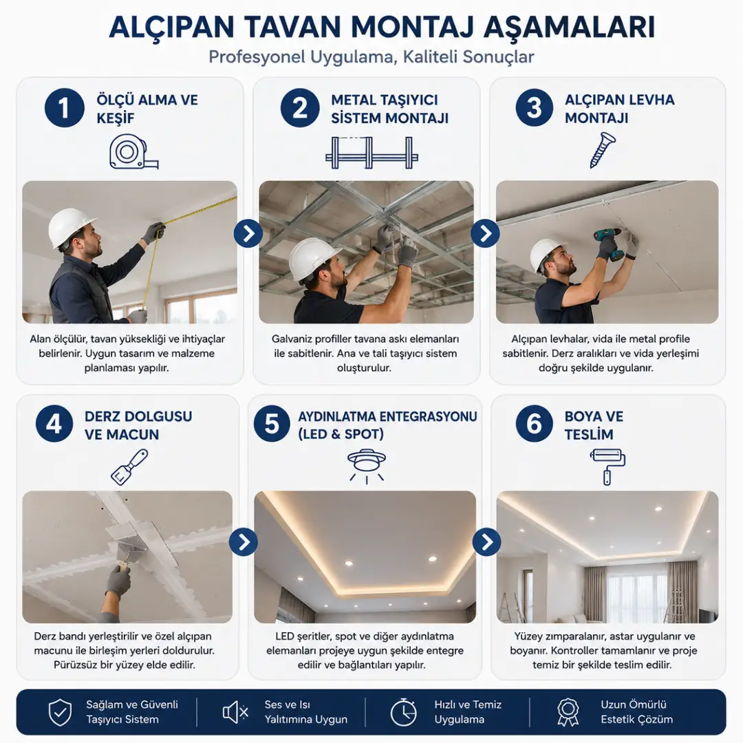 Alçıpan tavan montaj aşamaları ölçü alma profil kurulumu levha montajı derz işlemi LED entegrasyonu ve boya süreci.