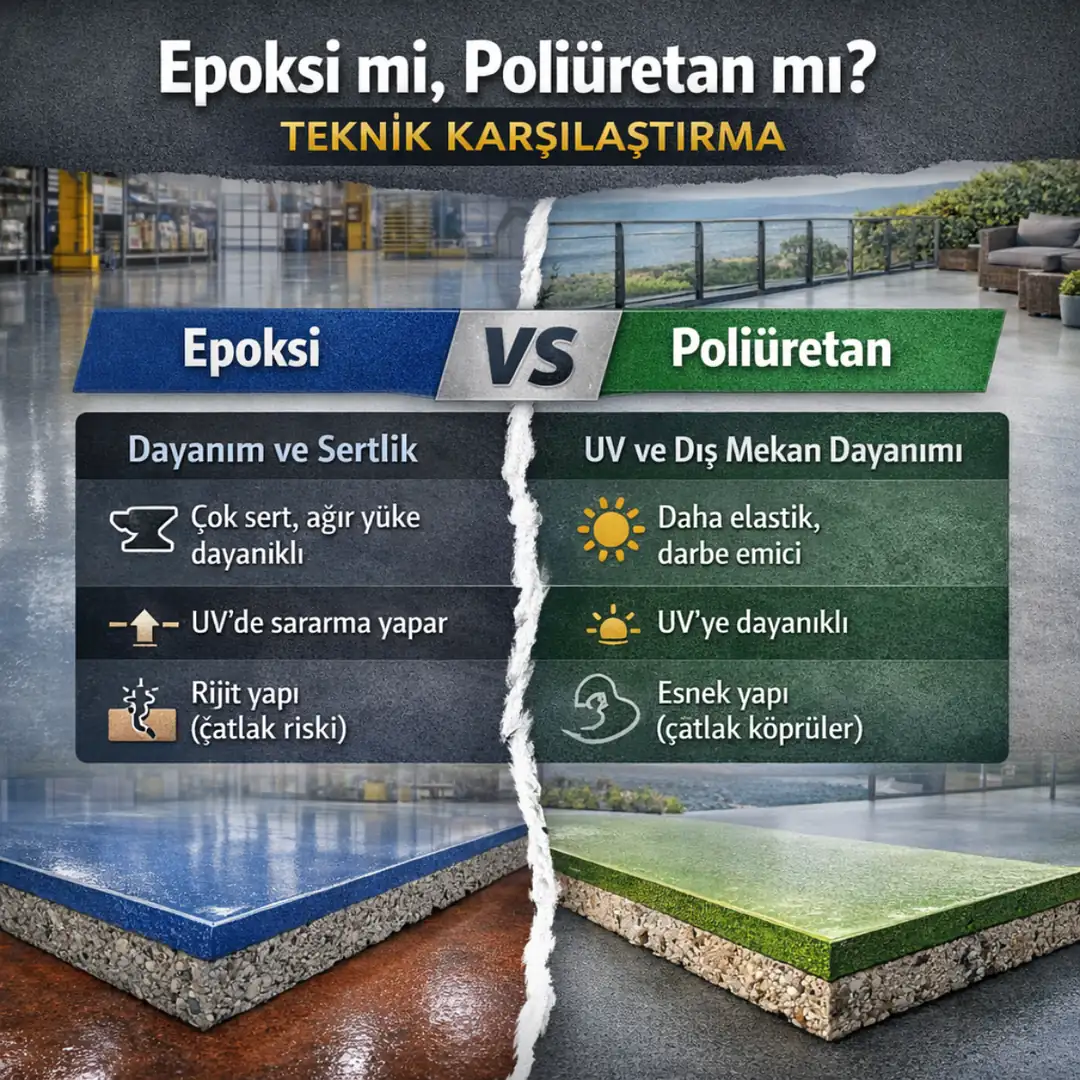 Epoksi ve poliüretan zemin kaplama teknik farkları, sertlik, esneklik ve kullanım alanlarına göre karşılaştırma