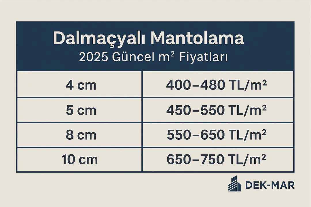 Dalmaçyalı mantolama fiyat tablosu 2025: 4 cm, 5 cm, 8 cm ve 10 cm kalınlık için güncel m2 fiyatları. 