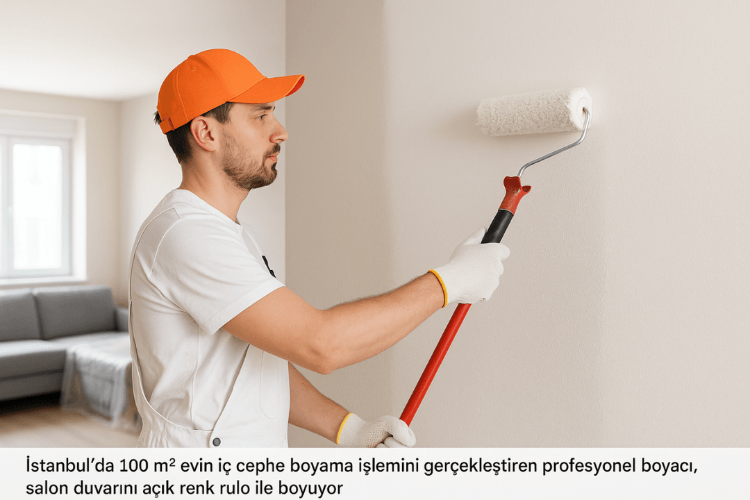 100 Metre Kare Ev Kaça Boyanır? Profesyonel boyacı, salon duvarını açık renk rulo ile boyarken iç cephe uygulaması yapıyor. 