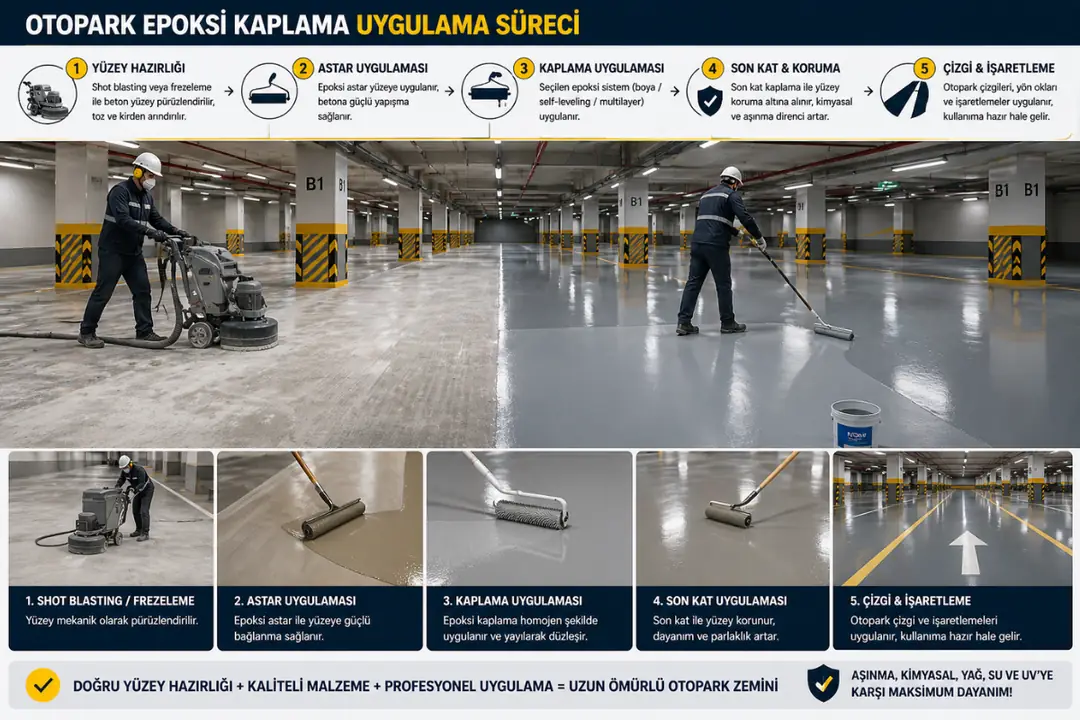 Otopark zemininde epoksi kaplama uygulaması ve yüzey hazırlığı&nbsp;