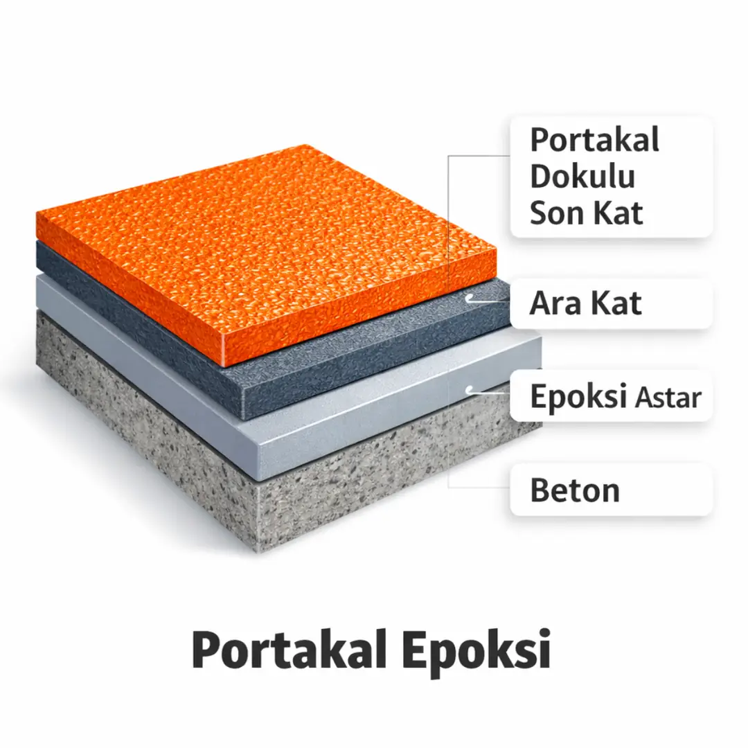 Portakal epoksi zemin kaplama katman kesit şeması beton astar ara kat ve dokulu son kat gösterimi&nbsp;