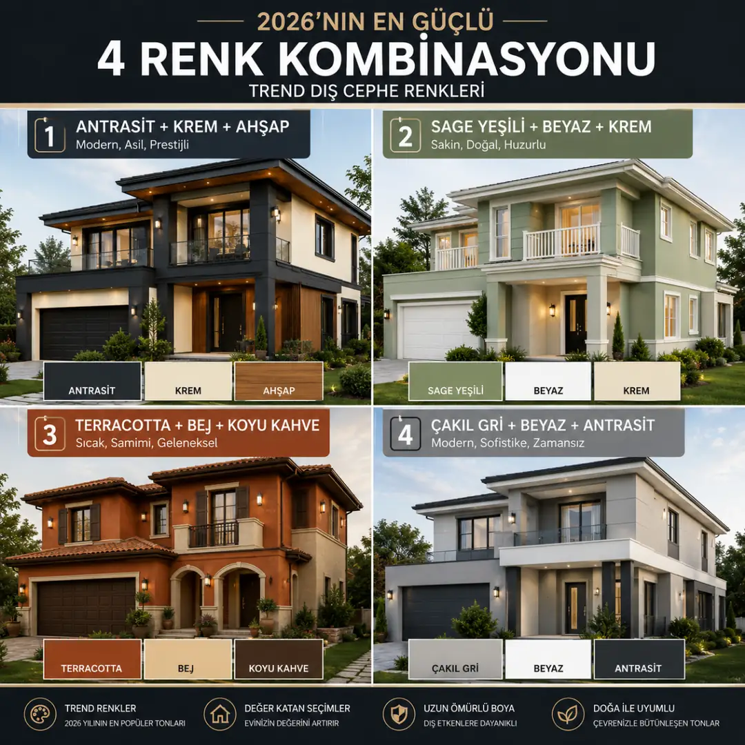 2026 müstakil ev dış cephe renk kombinasyonları antrasit sage terracotta çakıl gri örnekleri