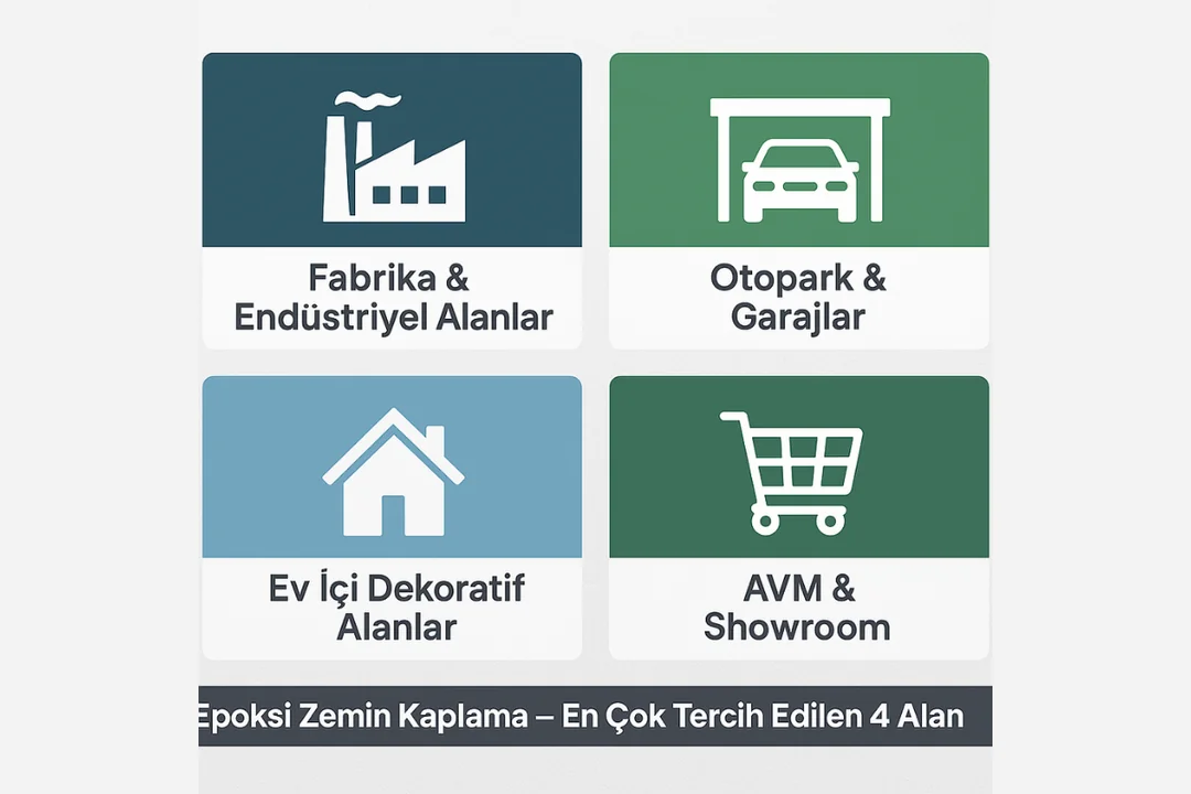 Epoksi zemin kaplama kullanım alanları infografik – fabrika, otopark, showroom, ev içi – Dek-Mar Teknik