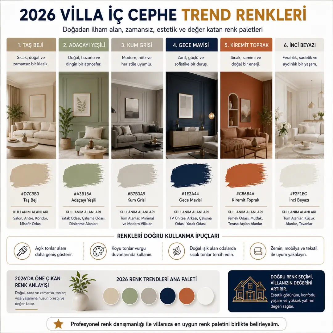 Villa iç cephe trend boya renkleri 2026 modern salon ve yatak odası tonları&nbsp;