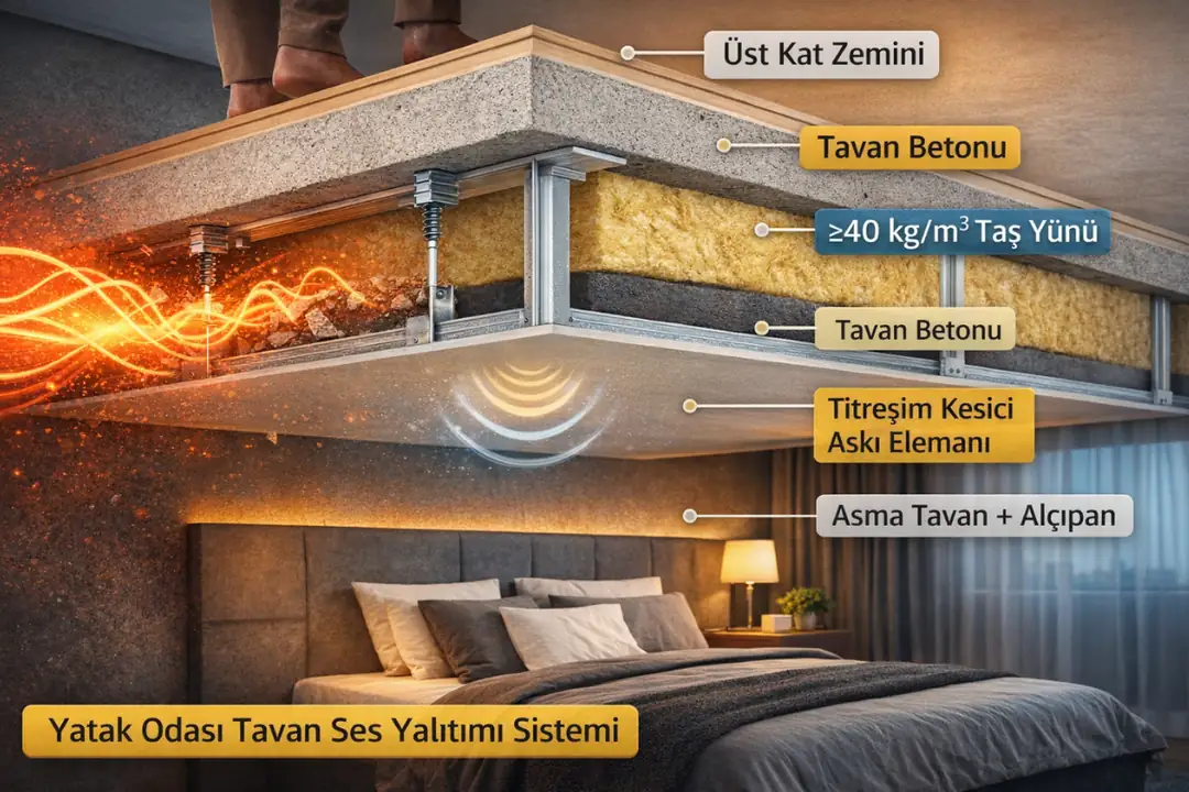 Yatak odası tavan ses yalıtımı ile üst kattan gelen ayak seslerinin azaltılması&nbsp;