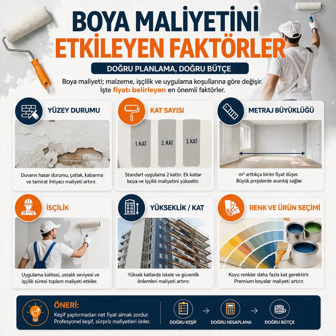 boya maliyetini etkileyen faktörler yüzey durumu işçilik metrekare ve kat sayısı infografik&nbsp;