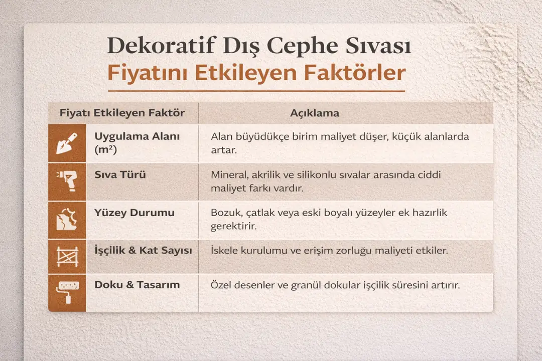 Dekoratif dış cephe sıvası fiyatını etkileyen faktörler – sıva türü, alan büyüklüğü ve işçilik detayları&nbsp;