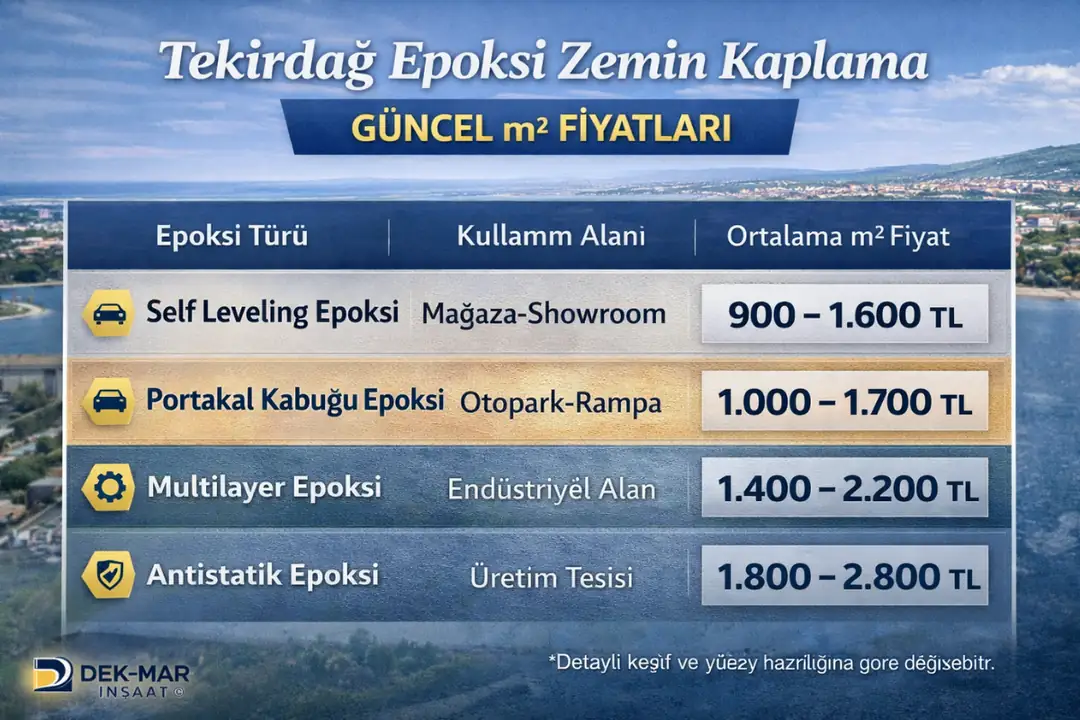 Tekirdağ epoksi zemin m2 fiyatları; farklı zemin tipleri ve uygulama kalınlıklarına göre güncel maliyet karşılaştırması.&nbsp;