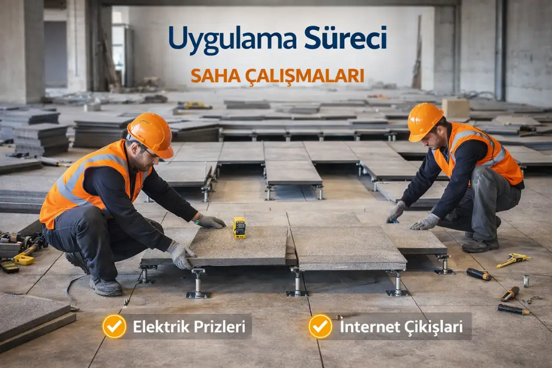 Yükseltilmiş döşeme uygulama süreci saha montaj aşamaları ayak ve panel yerleşimi