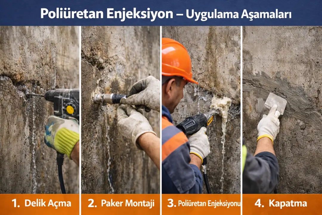 Poliüretan enjeksiyon su yalıtımı uygulama aşamaları; beton çatlakta delik açma, paker montajı, reçine enjeksiyonu ve yüzey kapatma işlemlerinin adım adım görünümü.&nbsp;
