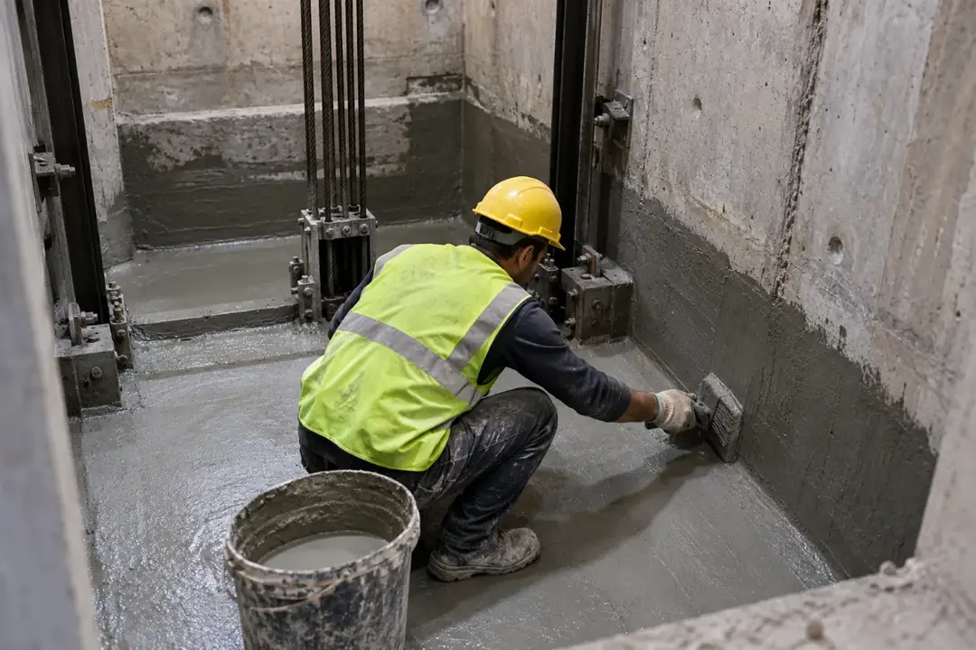 Asansör kuyusu beton yüzeyine çimento esaslı su yalıtımı uygulaması