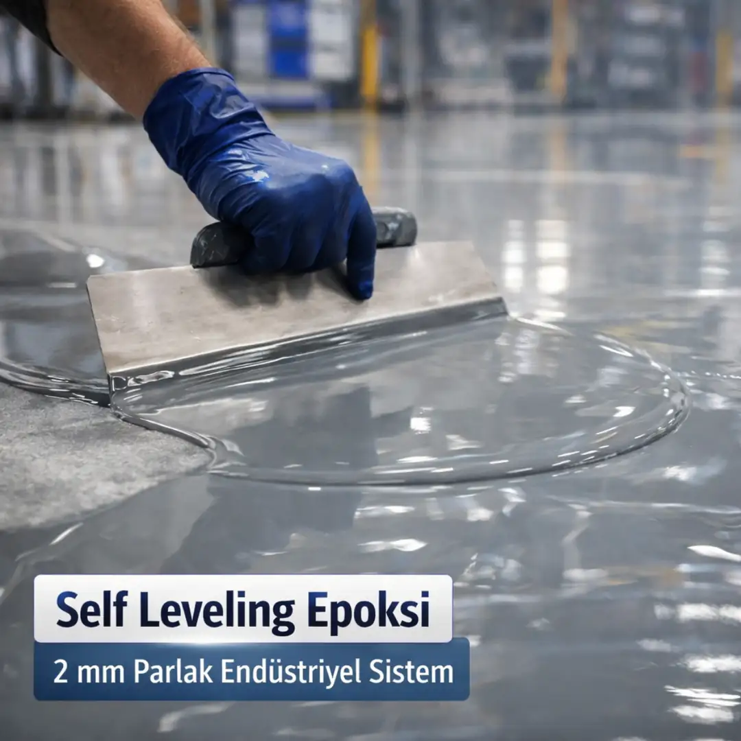 Self leveling epoksi zemin kaplama uygulaması 2 mm kalınlıkta parlak endüstriyel sistem