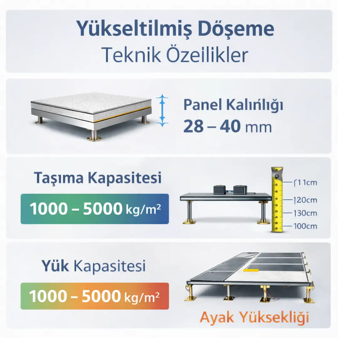 Yükseltilmiş döşeme teknik özellikleri panel kalınlığı taşıma kapasitesi ve ayak yüksekliği bilgileri