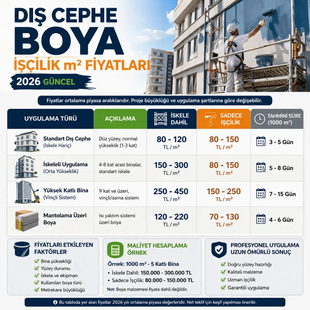 Dış cephe boya işçilik m2 fiyatları 2026 güncel tablo ve maliyet karşılaştırması&nbsp;