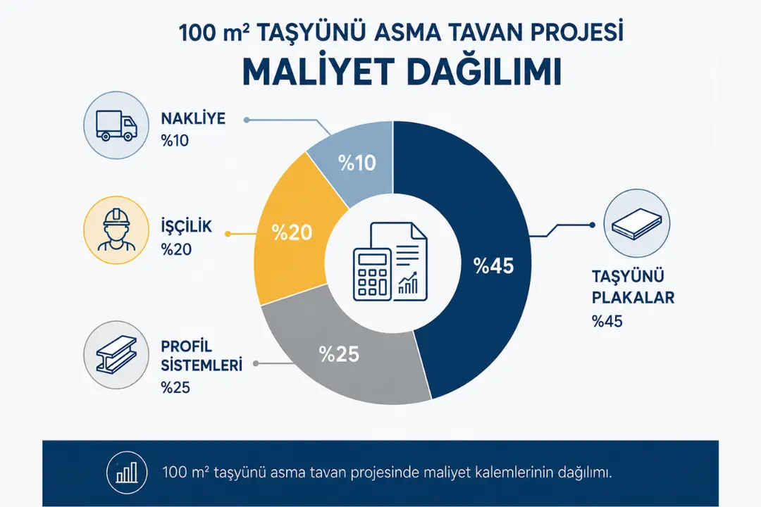 100 m² taşyünü asma tavan projesinde plaka, profil, işçilik ve nakliye maliyetlerinin dağılımı.
