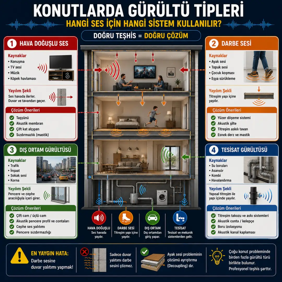 Konutlarda hava doğuşlu ses, darbe sesi, dış ortam gürültüsü ve tesisat seslerinin karşılaştırıldığı ses yalıtımı infografiği.&nbsp;