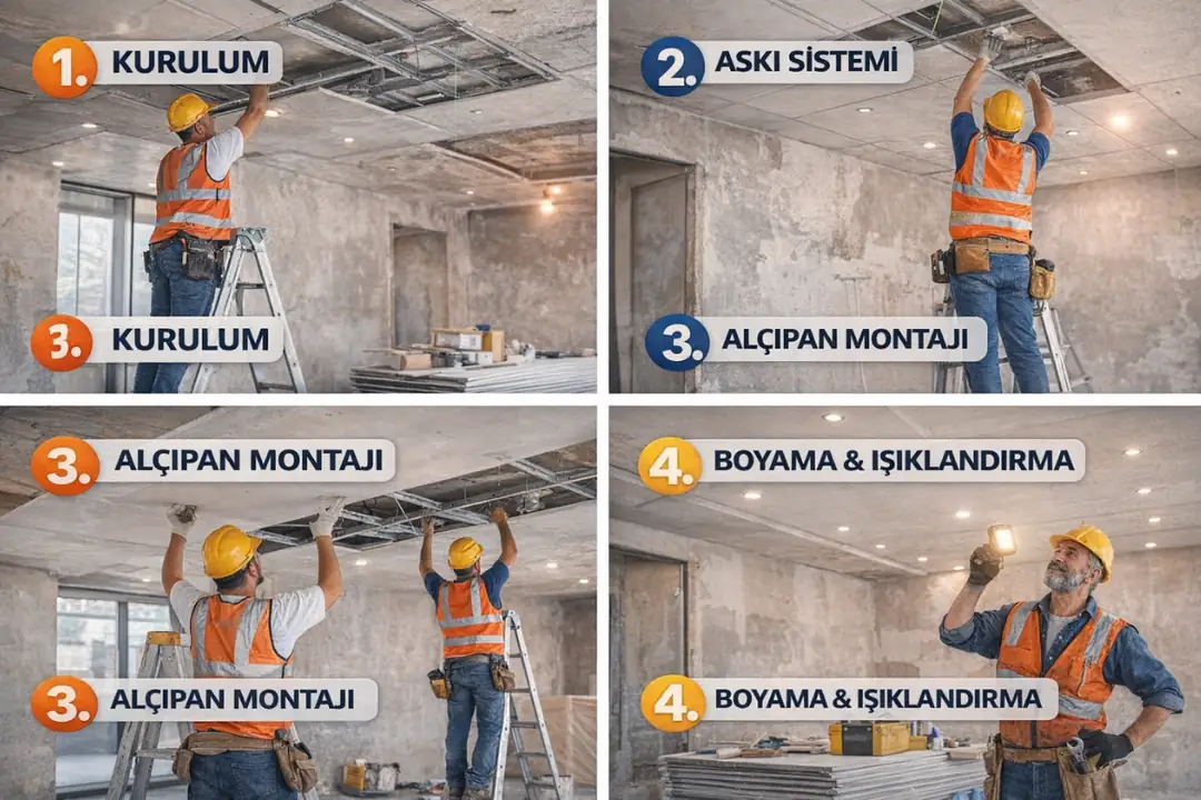 alçıpan asma tavan nasıl yapılır uygulama aşamaları montaj süreci detaylı saha çalışması&nbsp;