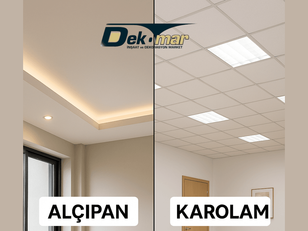 Modern iç mekânda alçıpan ve karolam tavan sistemlerinin estetik farklarını gösteren karşılaştırmalı tavan tasarımı. 