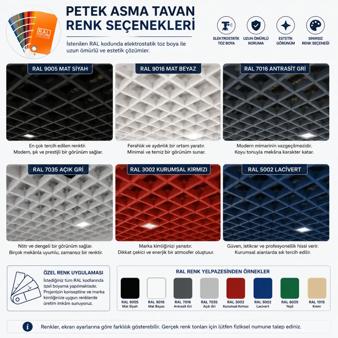 Petek asma tavan için RAL 9005 siyah ve özel renk seçenekleri&nbsp;