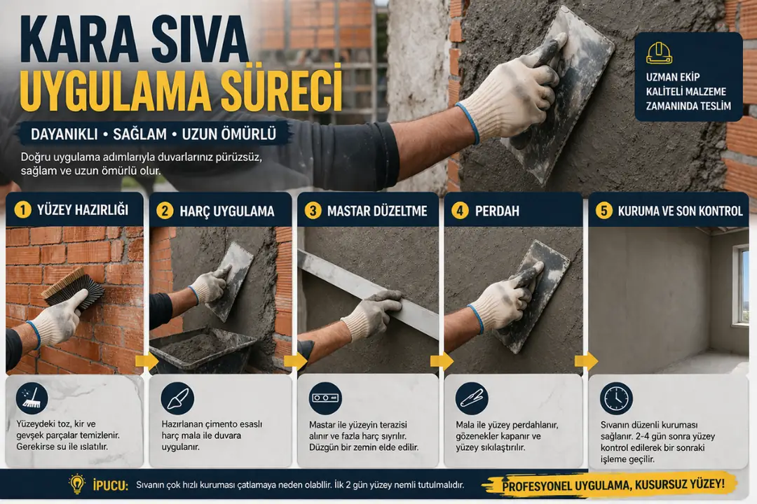 Kara sıva uygulamasının yüzey hazırlığı, harç uygulama ve mastar ile düzeltme aşamalarını gösteren saha süreci
