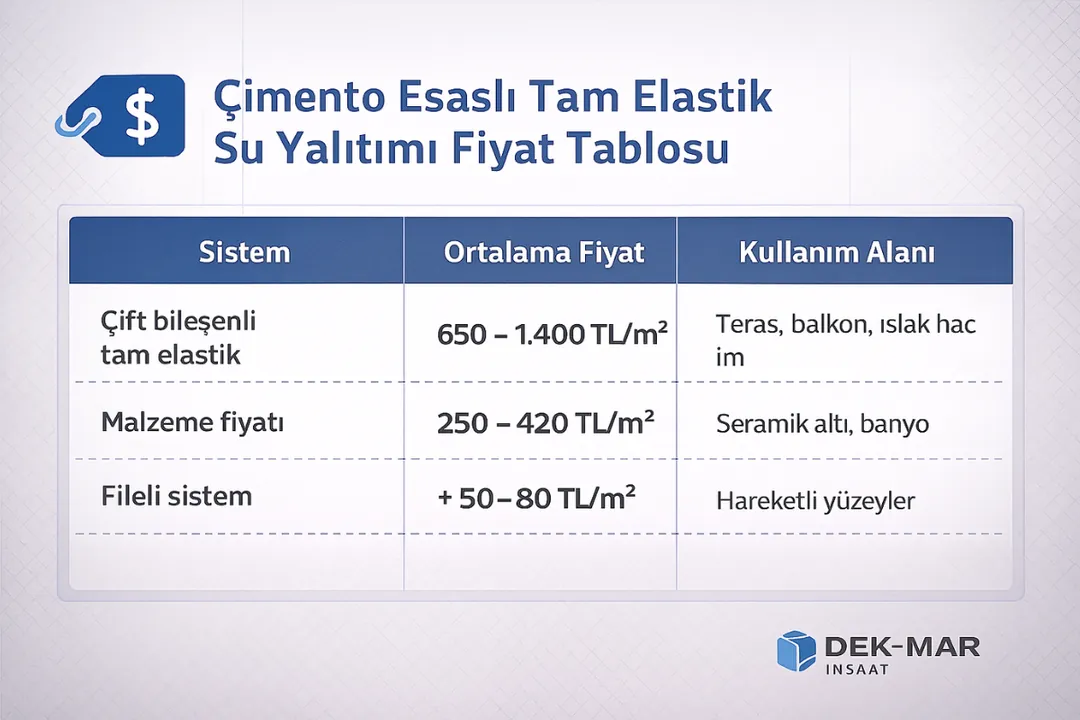 Çimento esaslı tam elastik su yalıtımı fiyat tablosu – uygulama dahil ve malzeme fiyatları – 2025 – Dek-Mar İnşaat