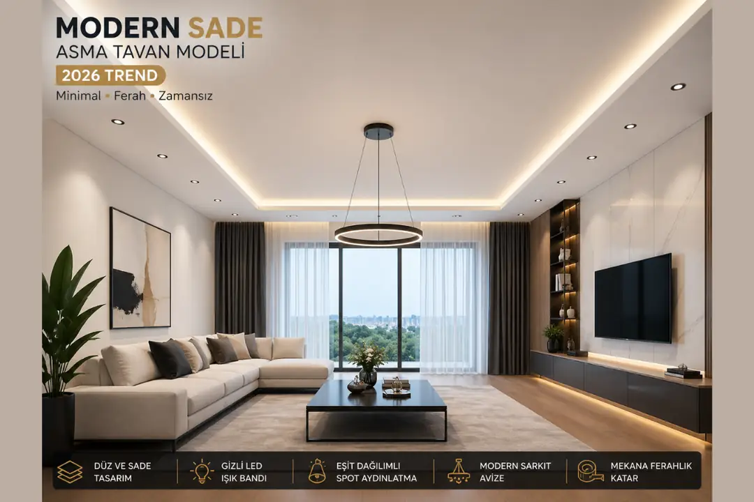 Modern sade asma tavan modeli led bantlı minimalist salon tavan tasarımı&nbsp;