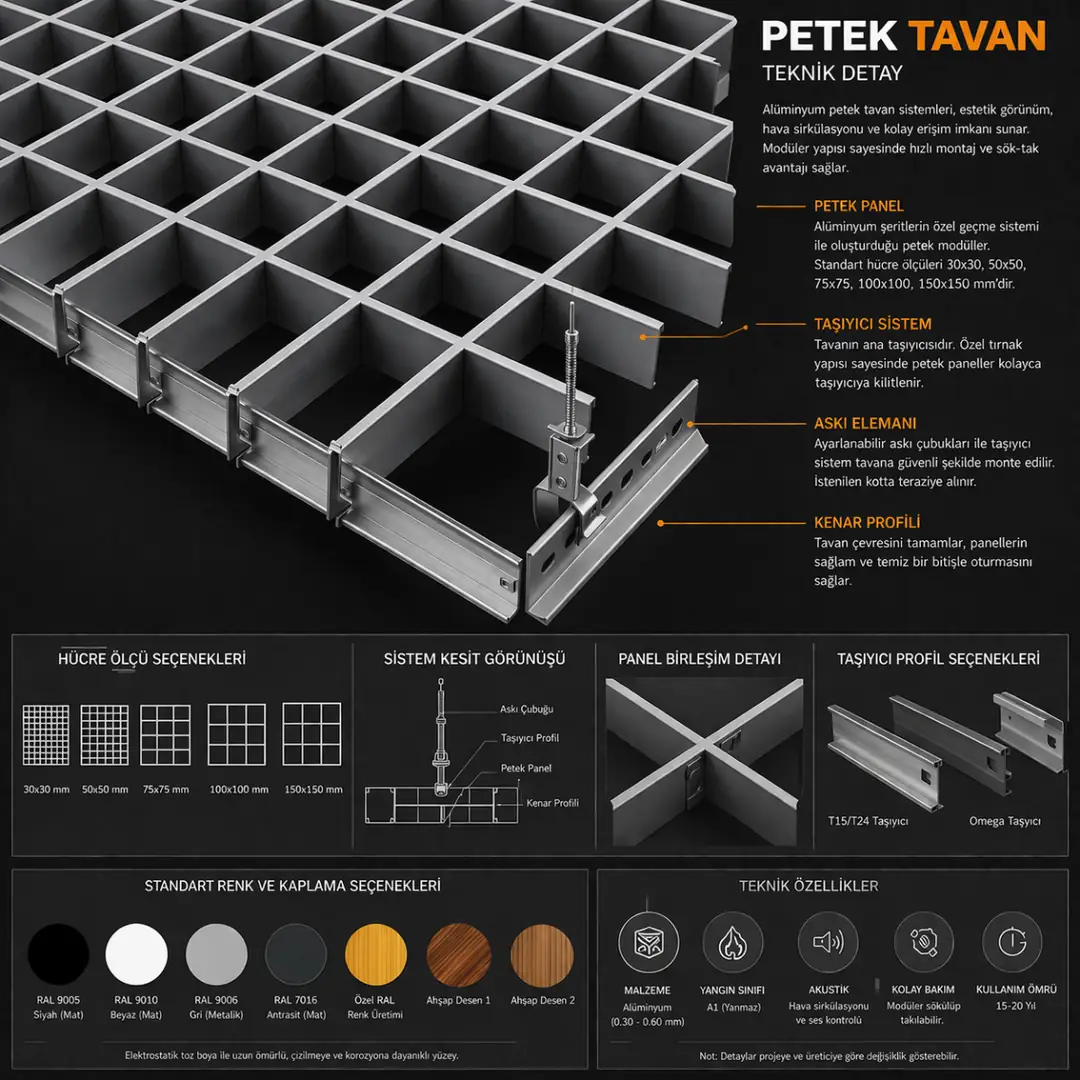 Alüminyum petek tavan sistemine ait hücre yapısı ve teknik profil detayı&nbsp;