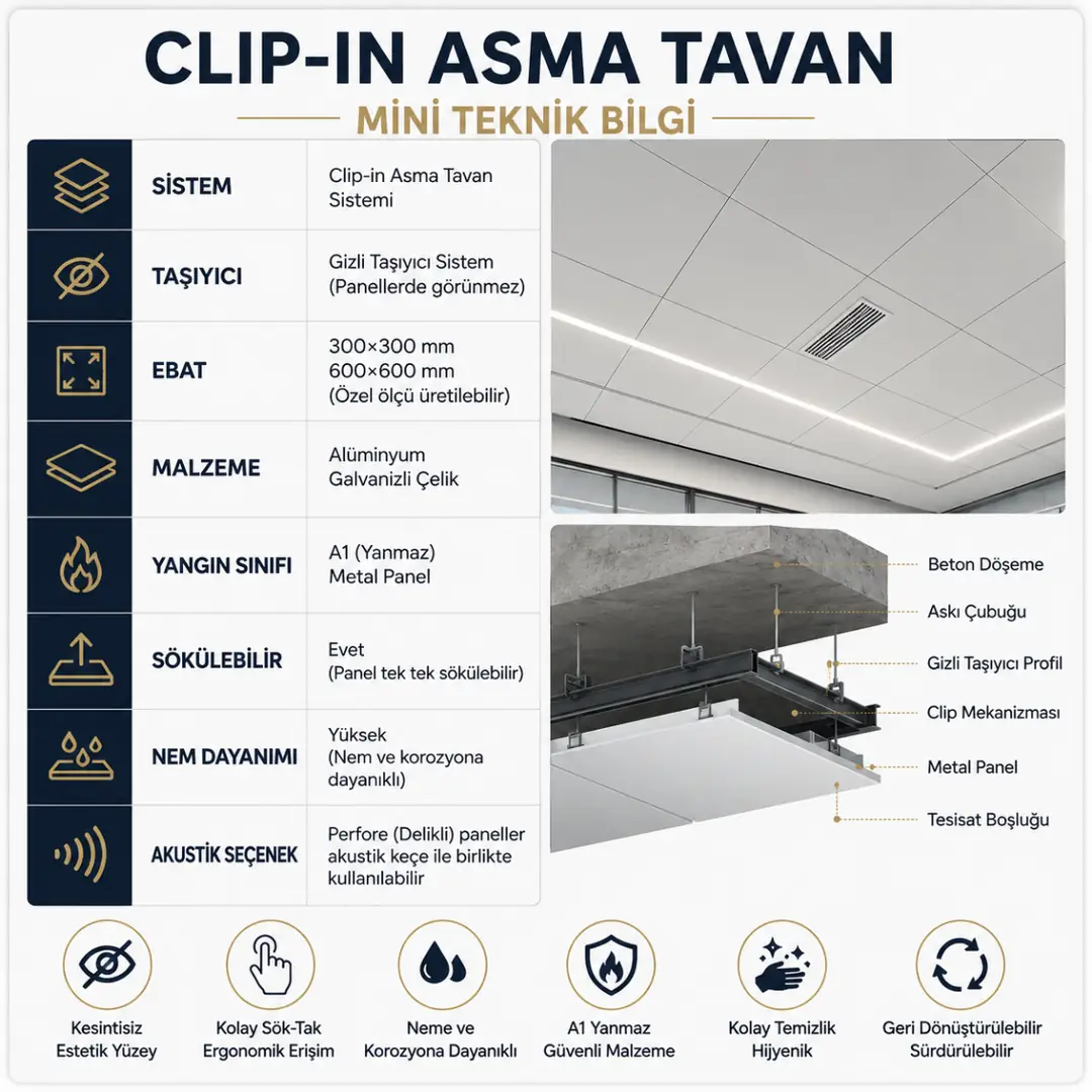 Clip-in asma tavan teknik özellikleri, gizli taşıyıcı sistem, A1 yanmaz metal panel ve sökülebilir tavan yapısı.&nbsp;