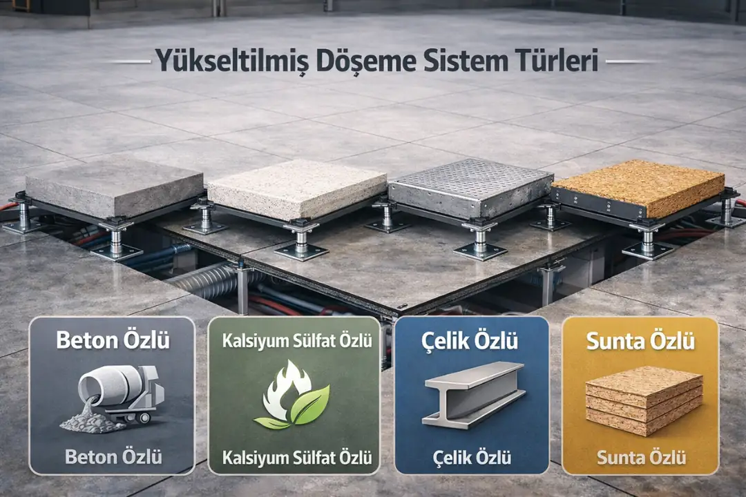 Beton, kalsiyum sülfat, çelik ve sunta yükseltilmiş döşeme türleri karşılaştırması&nbsp;